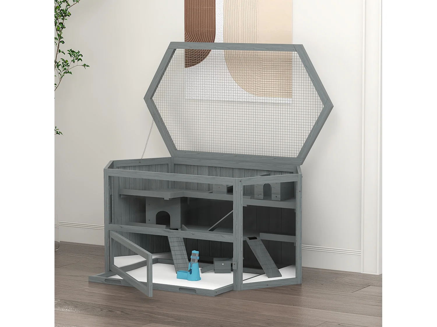 Cage hexagonale à 3 niveaux pour petits animaux, en bois et métal, grise, avec toit ouvrant et rampes (115x60x55cm)