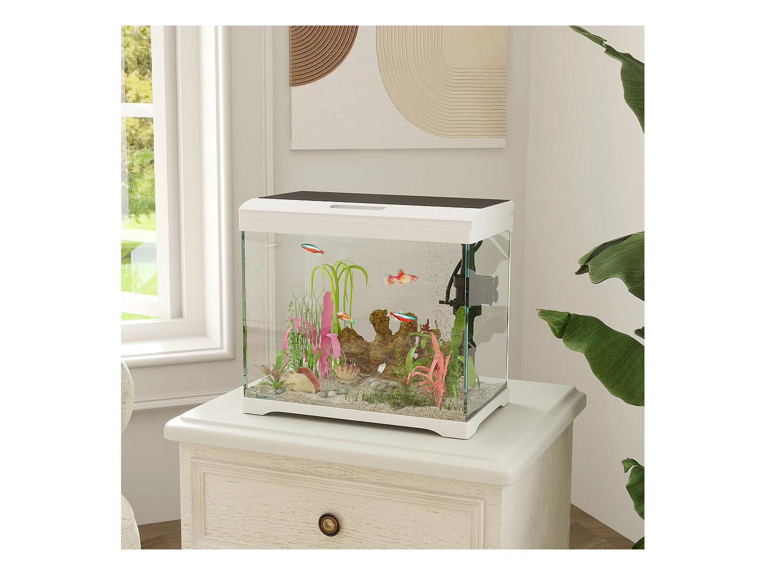 Aquarium tropical avec éclairage LED et système de filtration, verre, blanc (35x21x31cm)