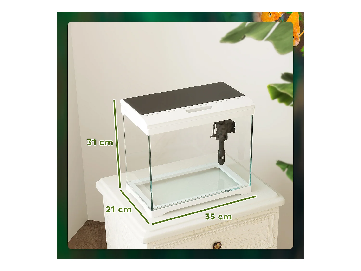 Aquarium tropical avec éclairage LED et système de filtration, verre, blanc (35x21x31cm)