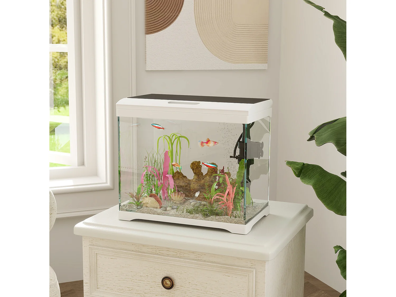 Aquarium tropical avec éclairage LED et système de filtration, verre, blanc (35x21x31cm)