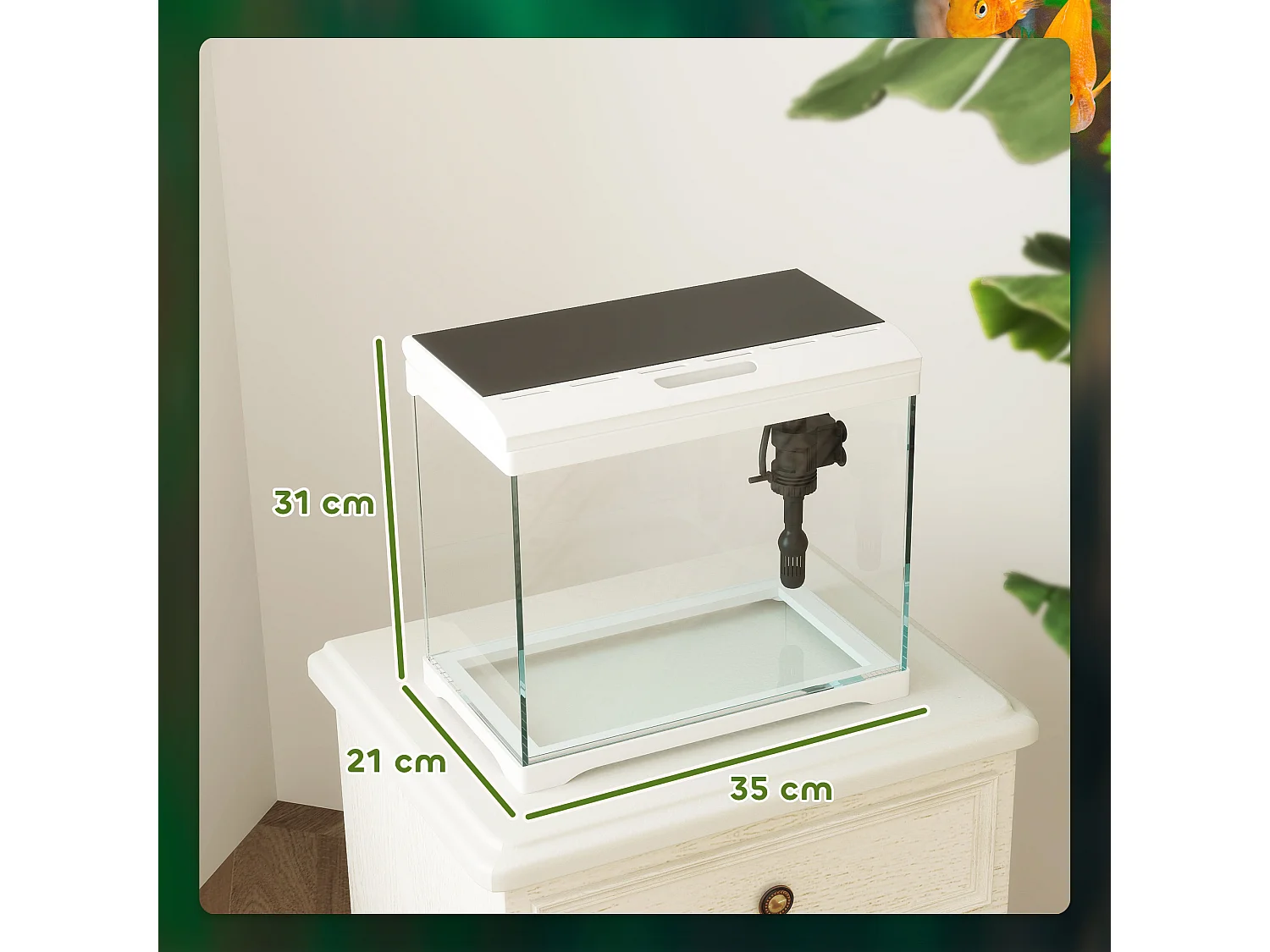 Aquarium tropical avec éclairage LED et système de filtration, verre, blanc (35x21x31cm)