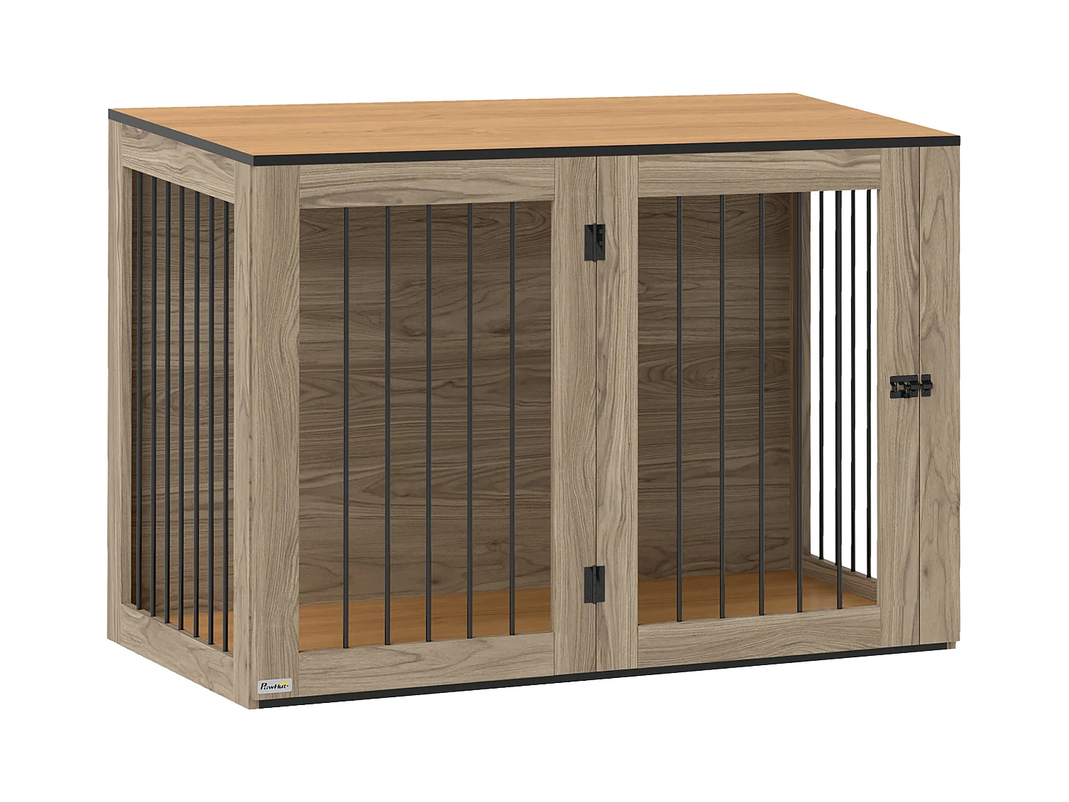 Cage pour chien avec porte et fenêtre, design moderne, bois et acier, chêne, table d'appoint multifonction (106x60x76cm)