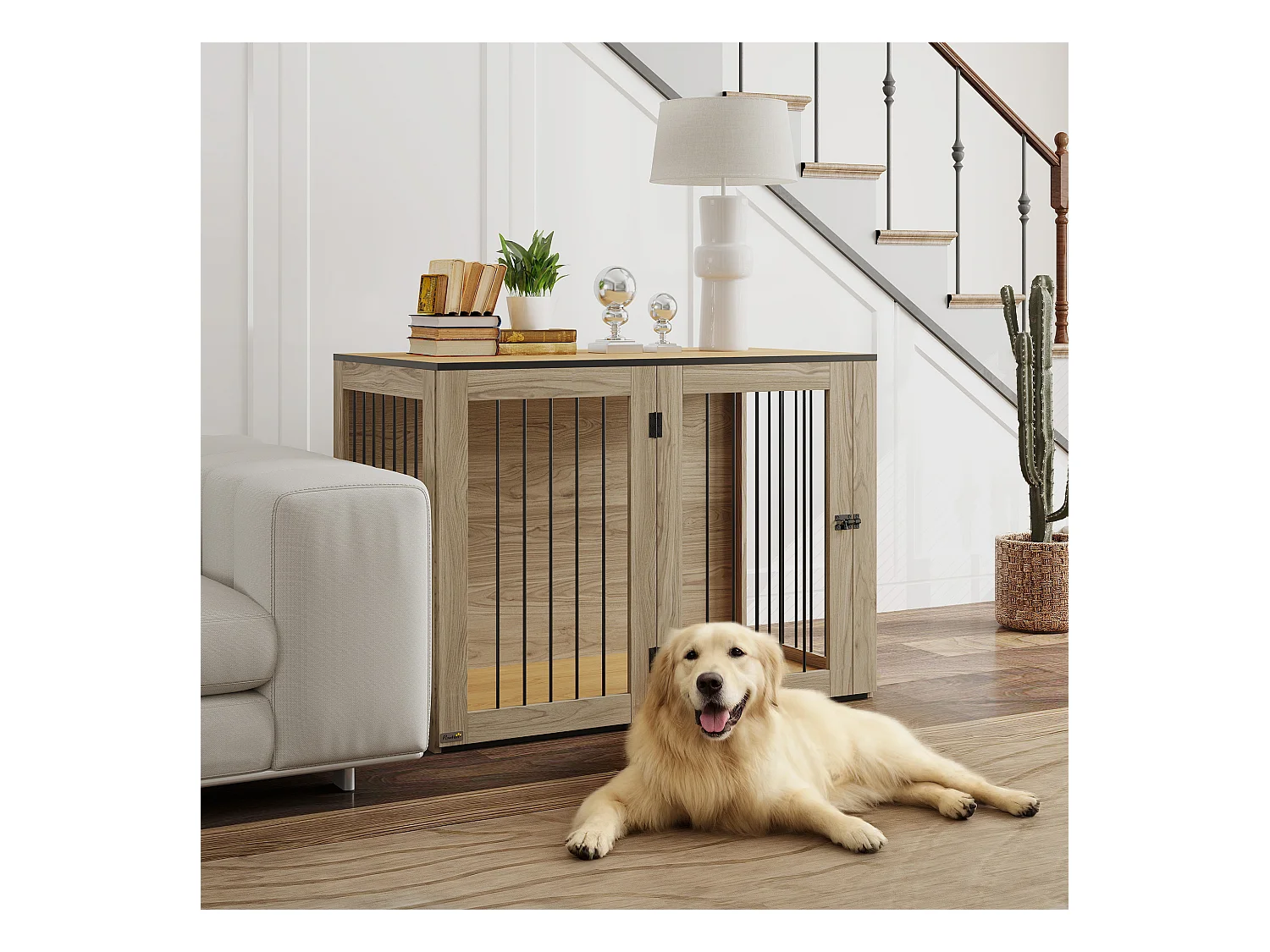 Cage pour chien avec porte et fenêtre, design moderne, bois et acier, chêne, table d'appoint multifonction (106x60x76cm)