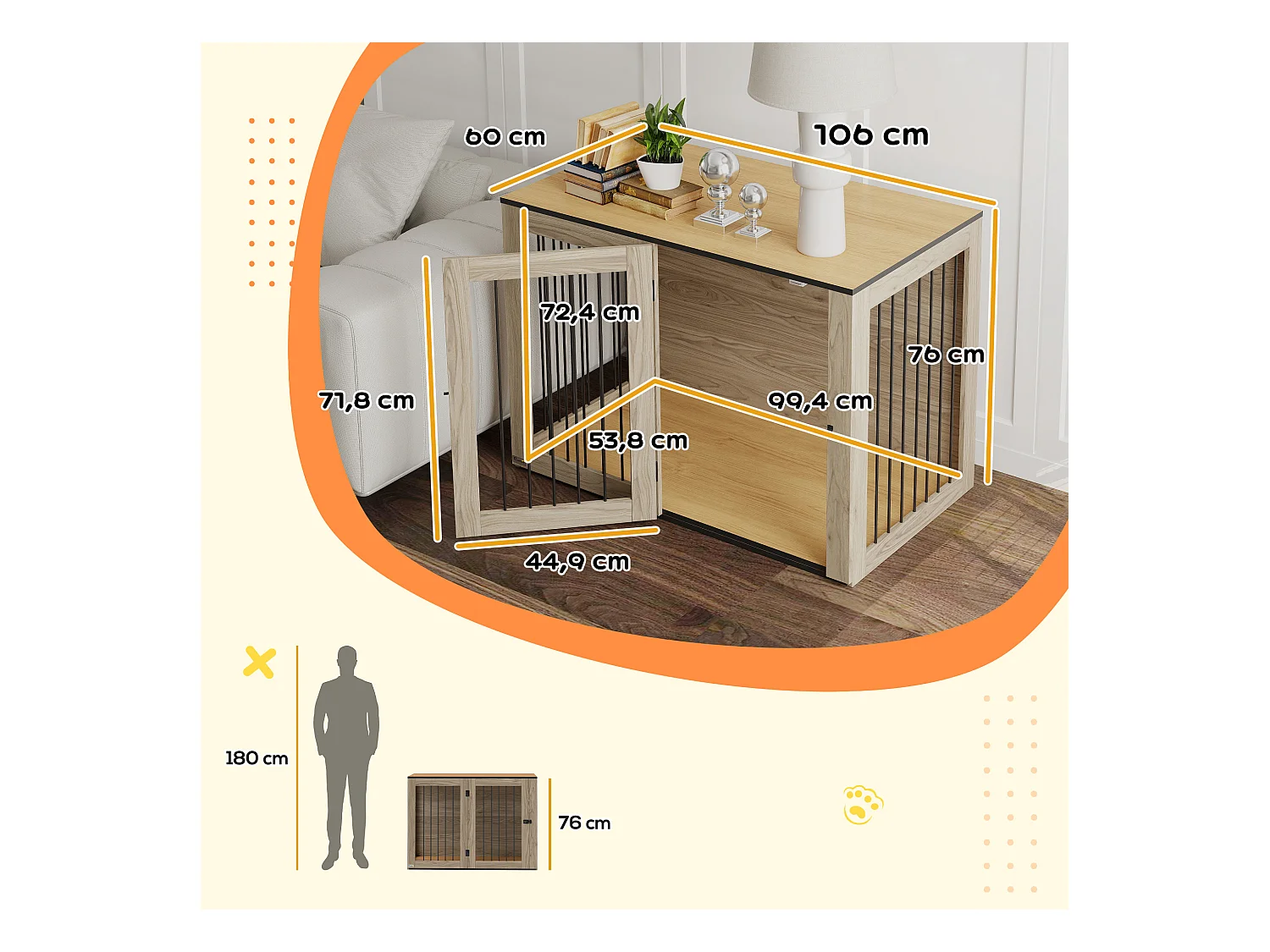 Cage pour chien avec porte et fenêtre, design moderne, bois et acier, chêne, table d'appoint multifonction (106x60x76cm)