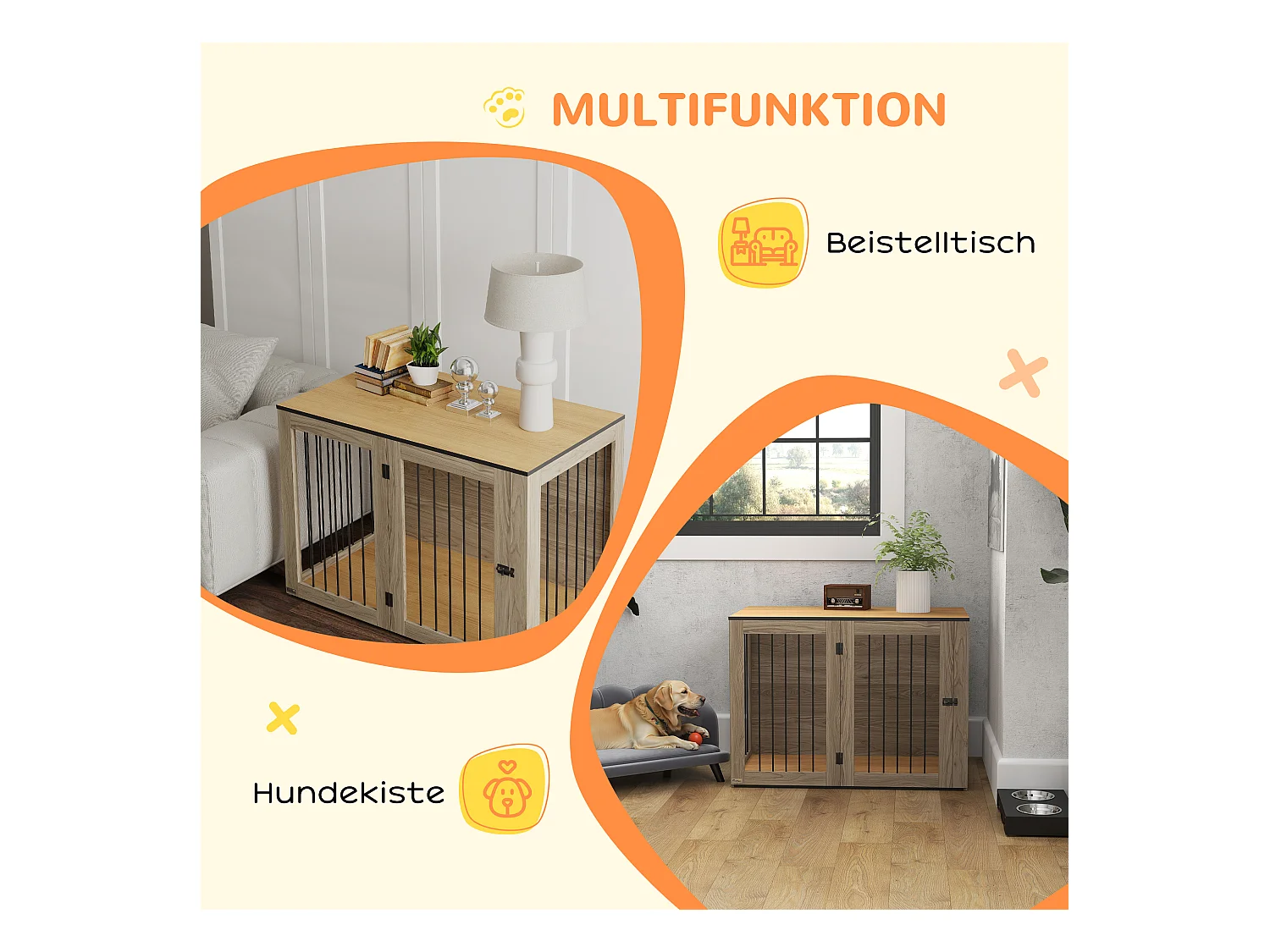 Cage pour chien avec porte et fenêtre, design moderne, bois et acier, chêne, table d'appoint multifonction (106x60x76cm)