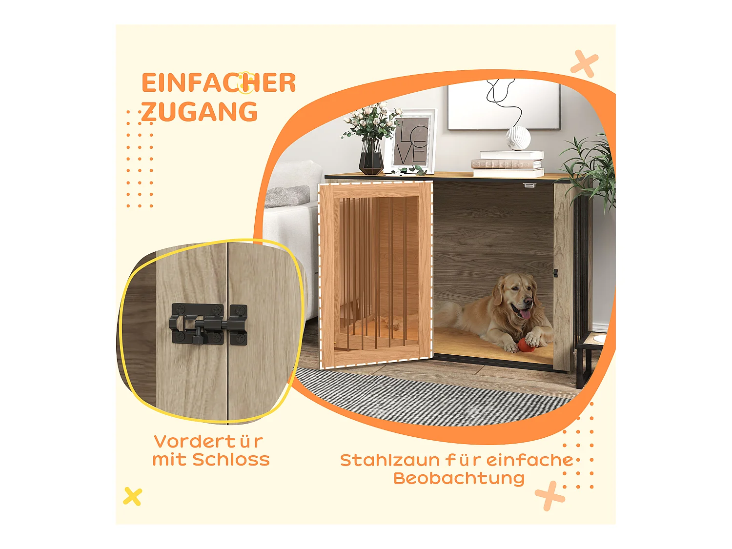 Cage pour chien avec porte et fenêtre, design moderne, bois et acier, chêne, table d'appoint multifonction (106x60x76cm)