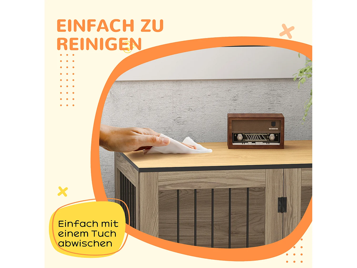 Cage pour chien avec porte et fenêtre, design moderne, bois et acier, chêne, table d'appoint multifonction (106x60x76cm)