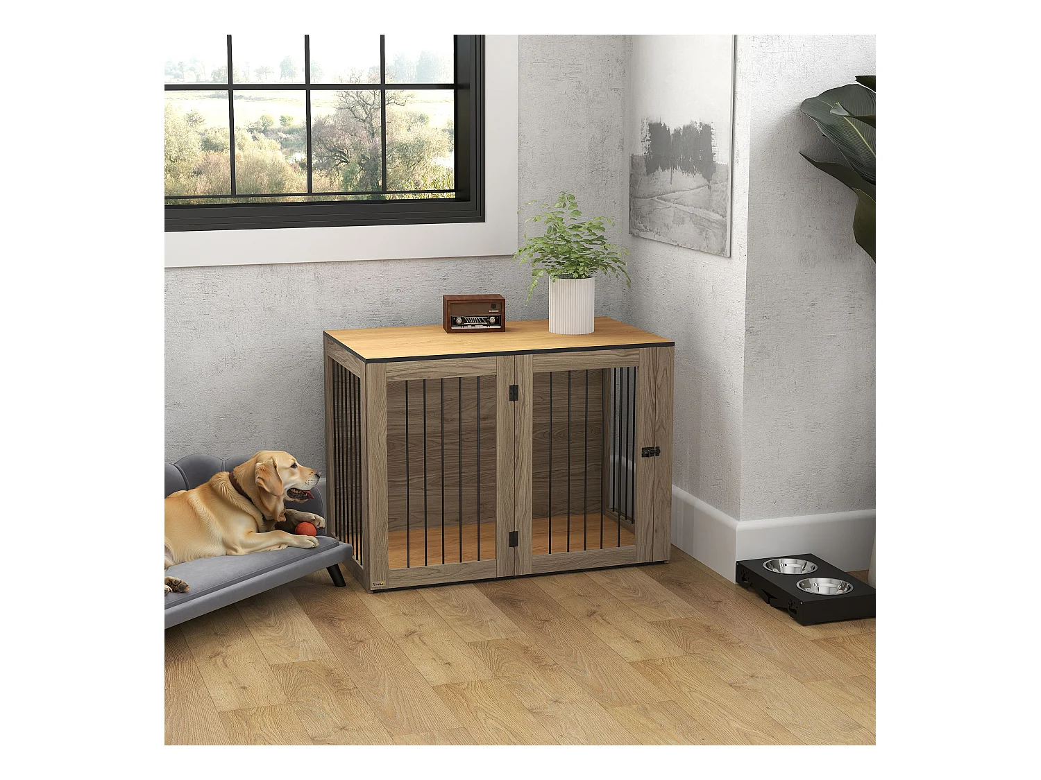 Cage pour chien avec porte et fenêtre, design moderne, bois et acier, chêne, table d'appoint multifonction (106x60x76cm)