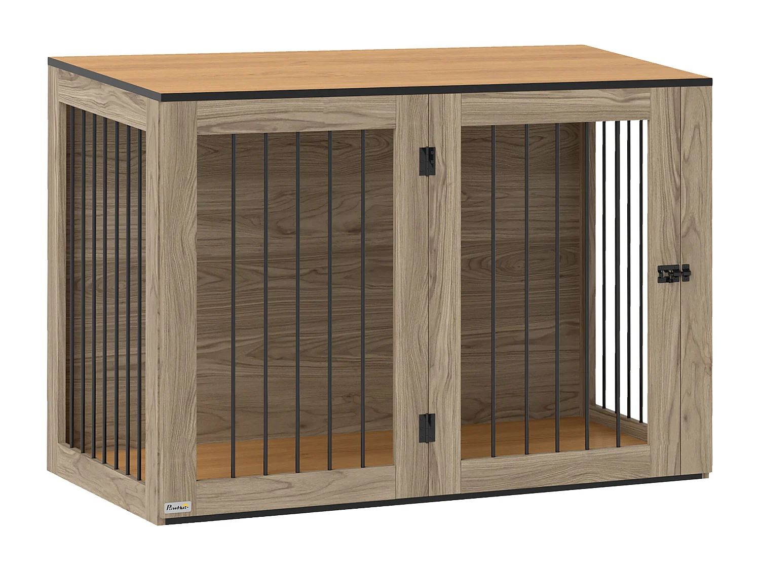 Cage pour chien avec porte et fenêtre, design moderne, bois et acier, chêne, table d'appoint multifonction (106x60x76cm)