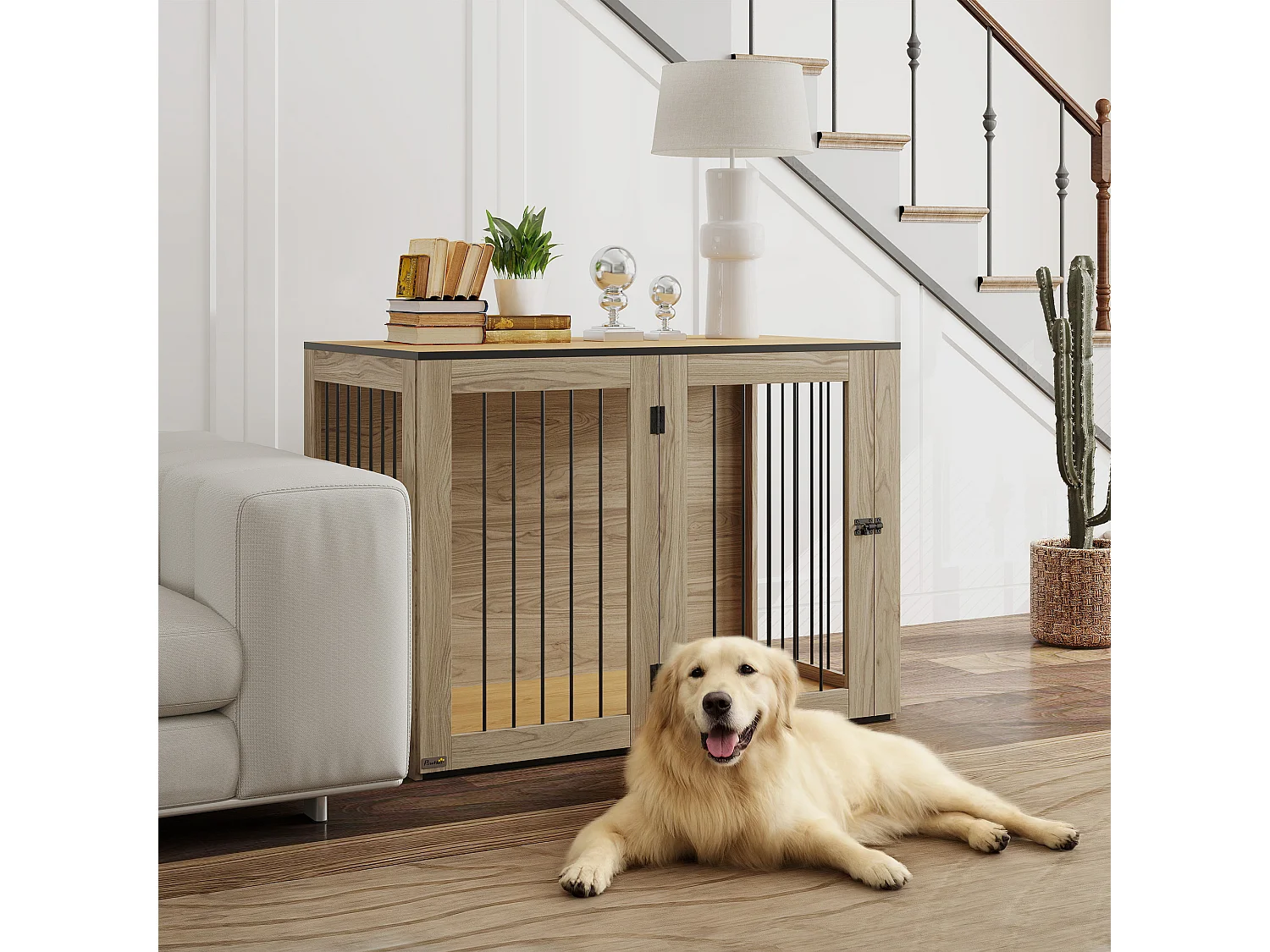 Cage pour chien avec porte et fenêtre, design moderne, bois et acier, chêne, table d'appoint multifonction (106x60x76cm)