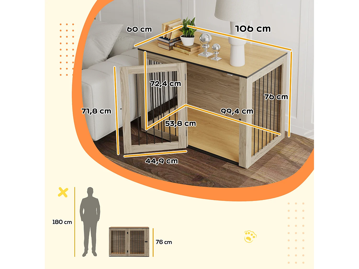 Cage pour chien avec porte et fenêtre, design moderne, bois et acier, chêne, table d'appoint multifonction (106x60x76cm)