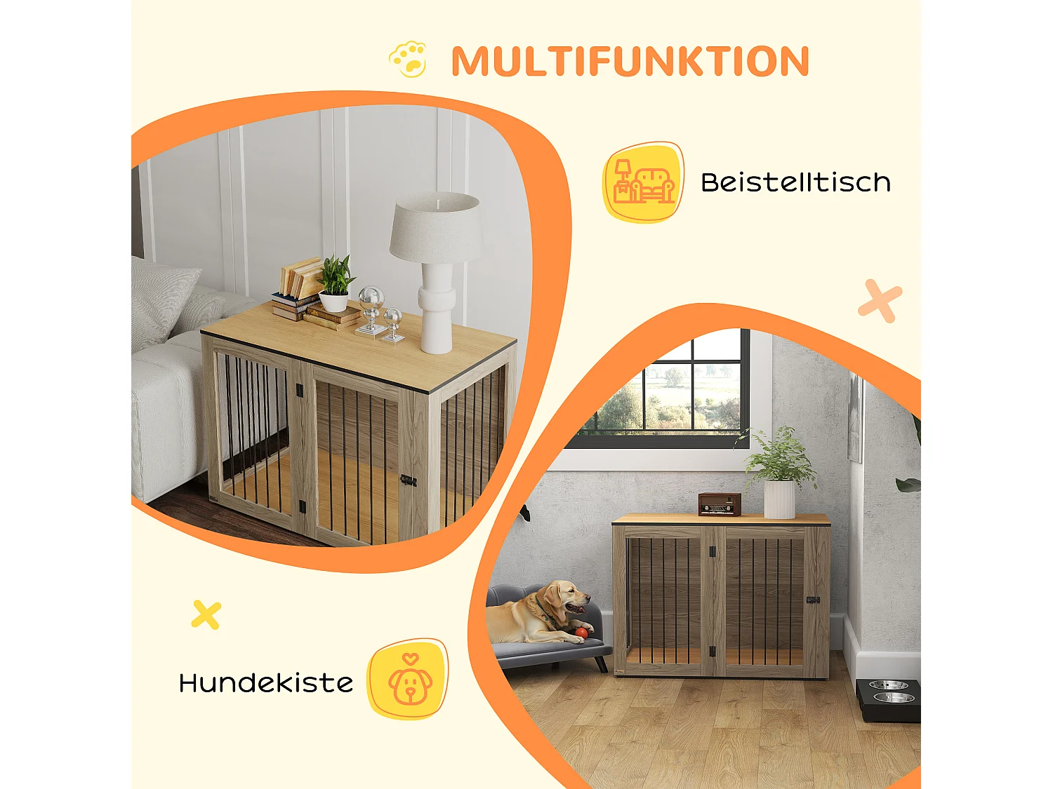 Cage pour chien avec porte et fenêtre, design moderne, bois et acier, chêne, table d'appoint multifonction (106x60x76cm)