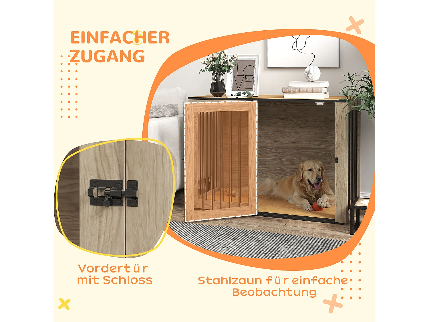 Cage pour chien avec porte et fenêtre, design moderne, bois et acier, chêne, table d'appoint multifonction (106x60x76cm)