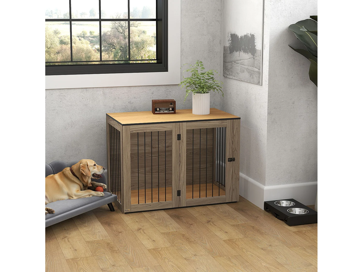 Cage pour chien avec porte et fenêtre, design moderne, bois et acier, chêne, table d'appoint multifonction (106x60x76cm)