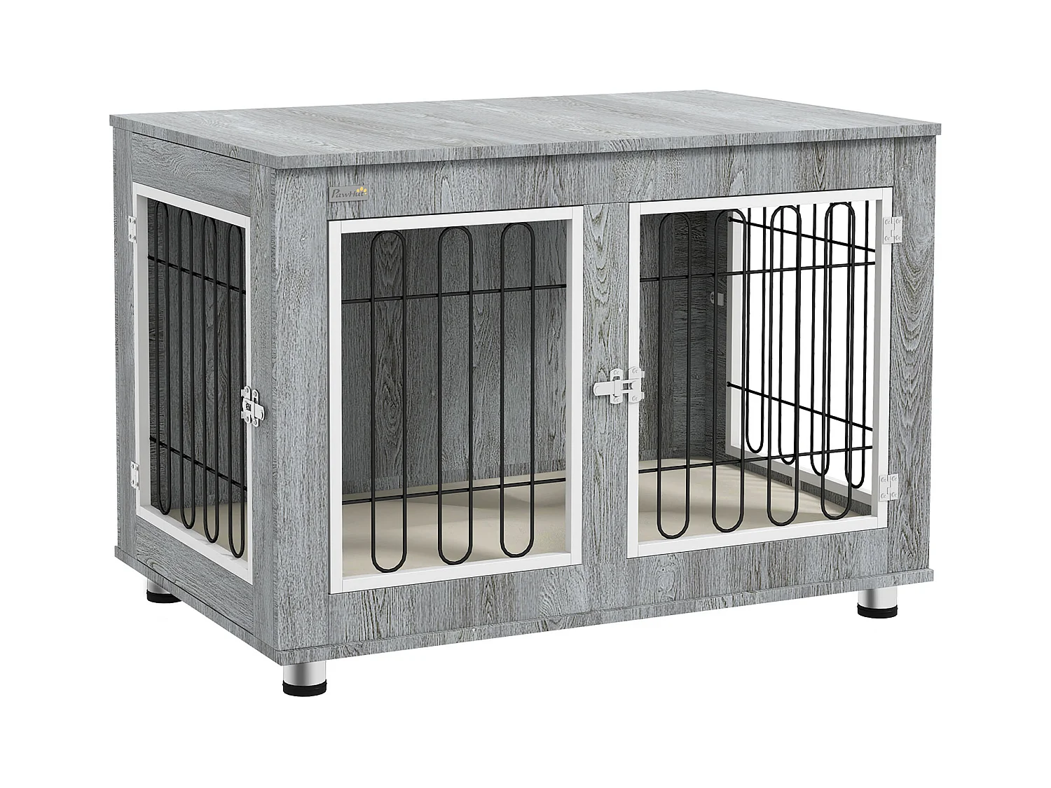 Cage pour chien à double porte avec coussin, structure solide en acier et tissu oxford, gris (90x58x65 cm)