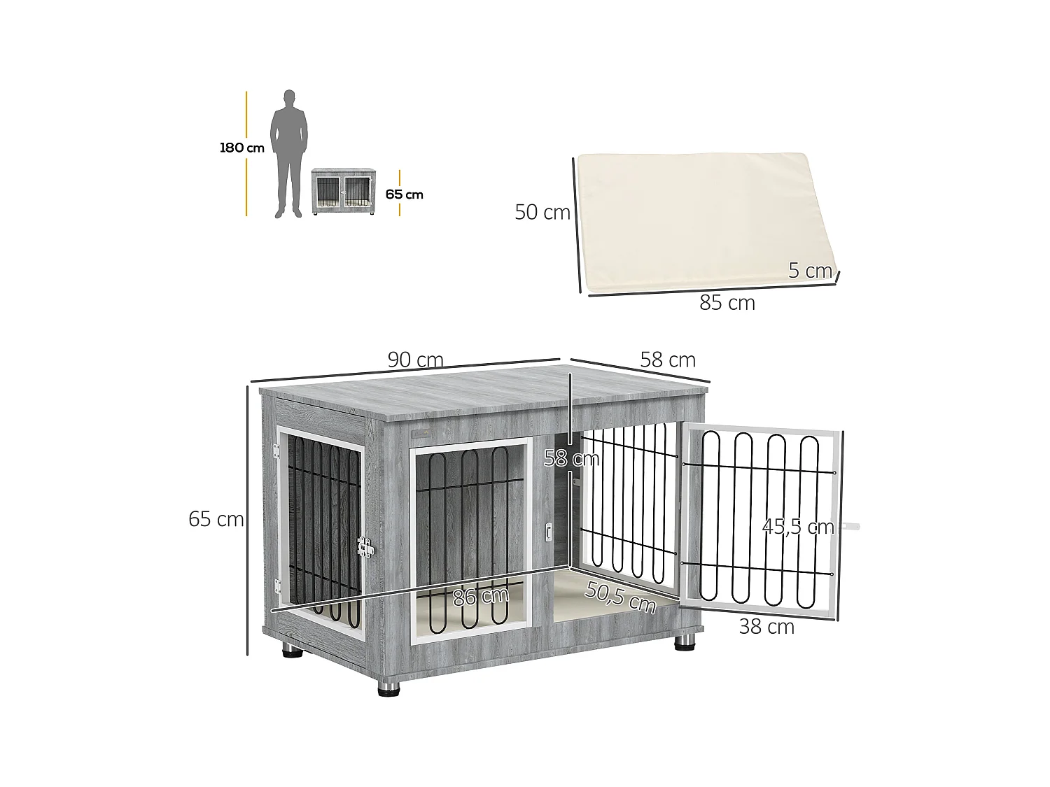 Cage pour chien à double porte avec coussin, structure solide en acier et tissu oxford, gris (90x58x65 cm)