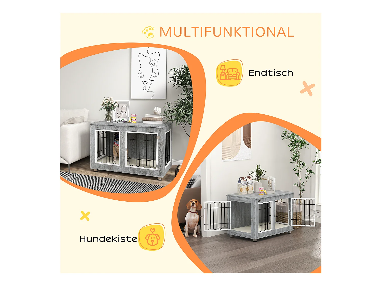 Cage pour chien à double porte avec coussin, structure solide en acier et tissu oxford, gris (90x58x65 cm)