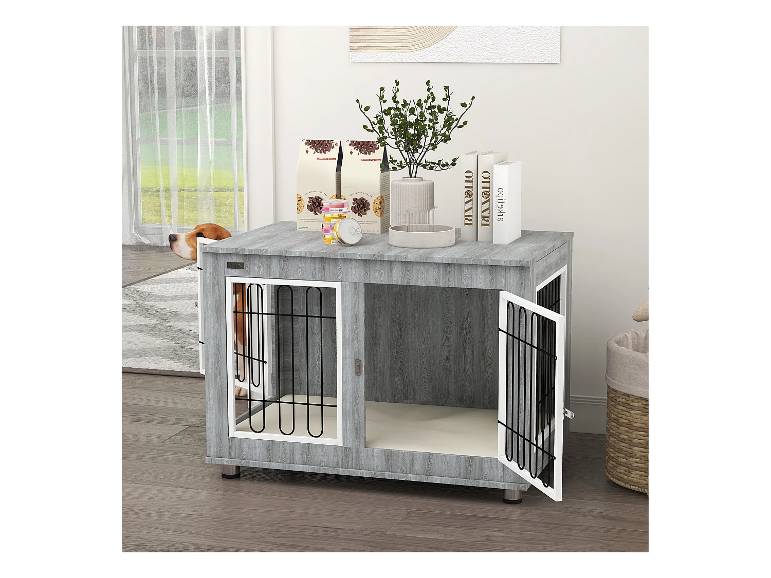 Cage pour chien à double porte avec coussin, structure solide en acier et tissu oxford, gris (90x58x65 cm)