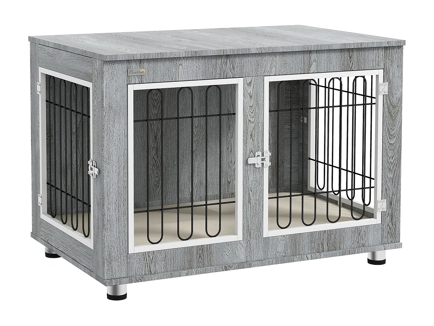 Cage pour chien à double porte avec coussin, structure solide en acier et tissu oxford, gris (90x58x65 cm)