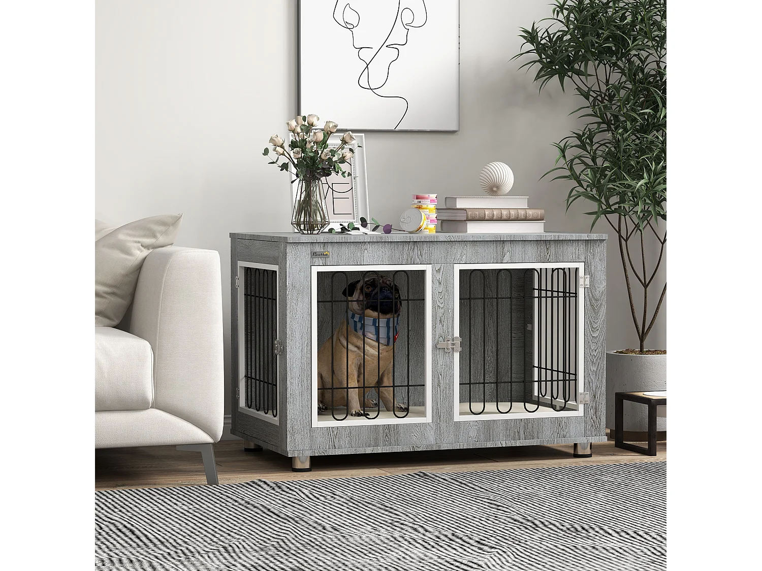 Cage pour chien à double porte avec coussin, structure solide en acier et tissu oxford, gris (90x58x65 cm)