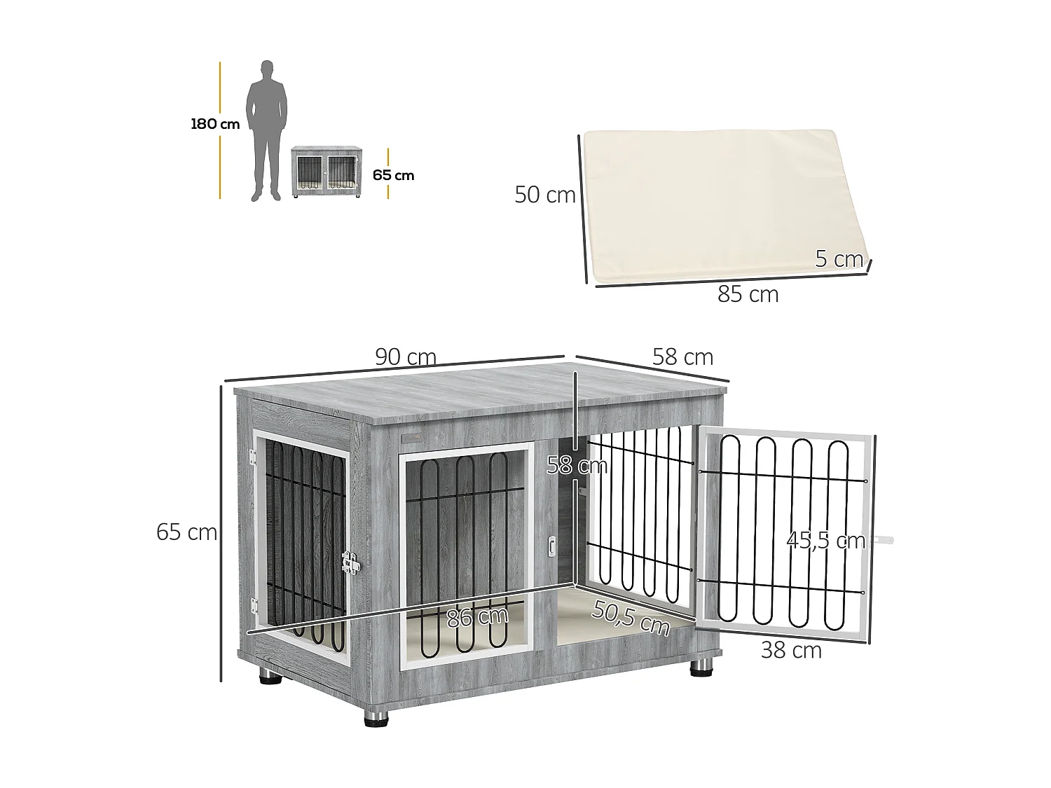 Cage pour chien à double porte avec coussin, structure solide en acier et tissu oxford, gris (90x58x65 cm)