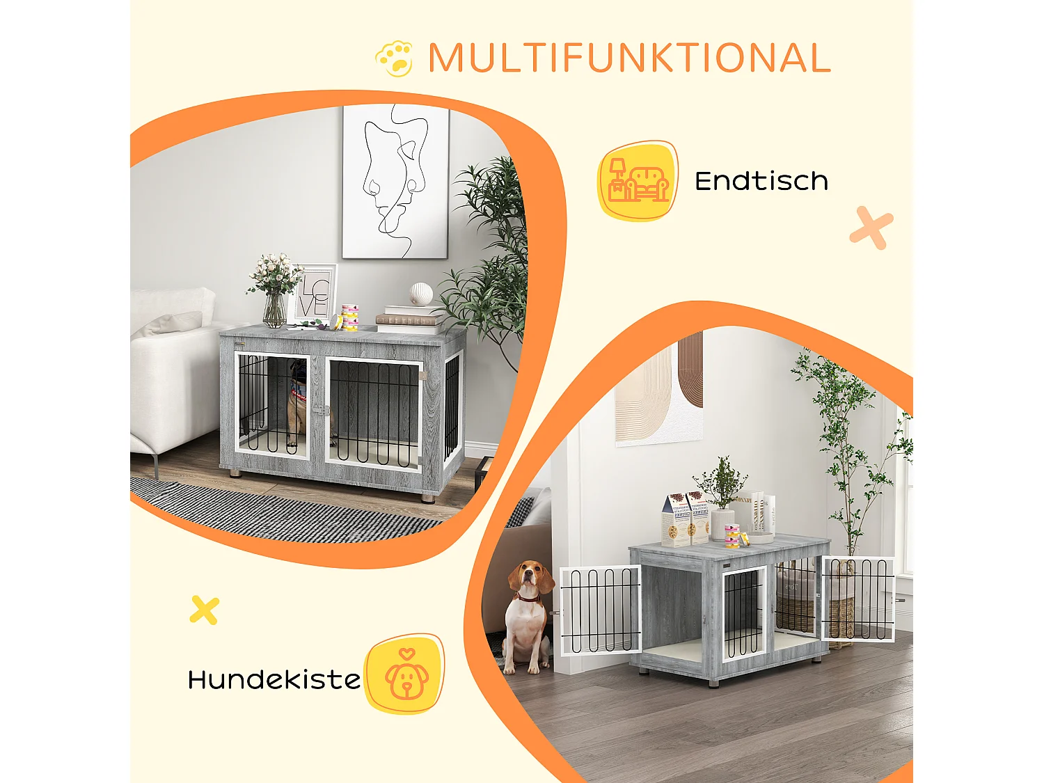 Cage pour chien à double porte avec coussin, structure solide en acier et tissu oxford, gris (90x58x65 cm)