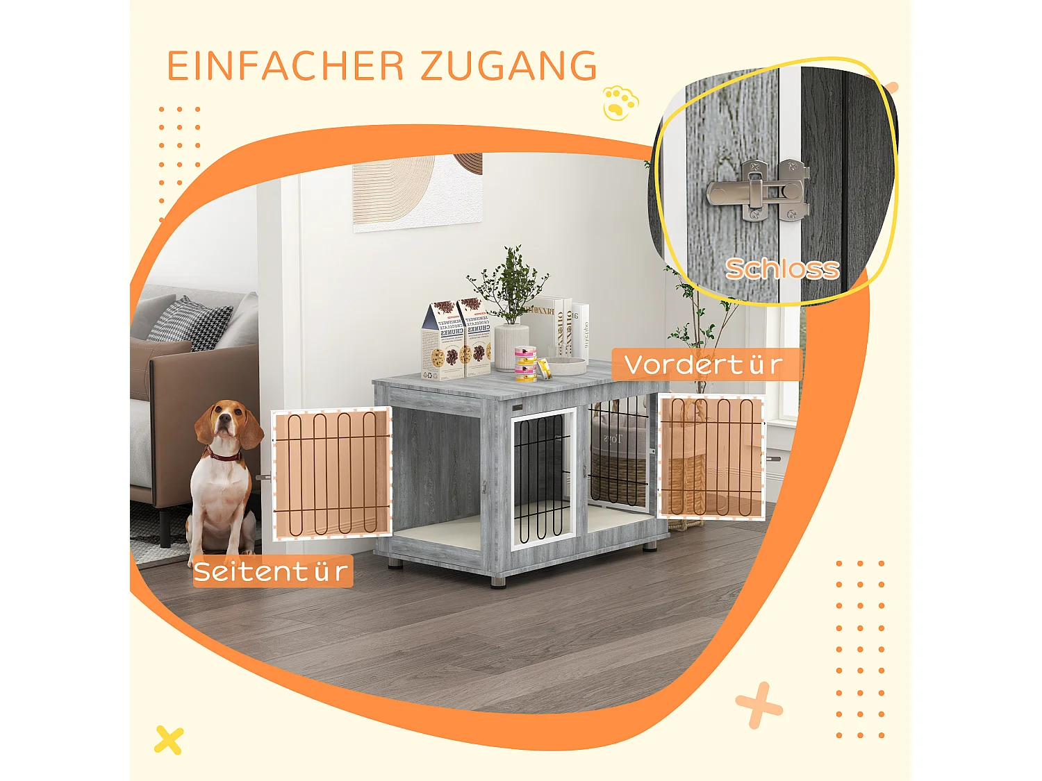 Cage pour chien à double porte avec coussin, structure solide en acier et tissu oxford, gris (90x58x65 cm)