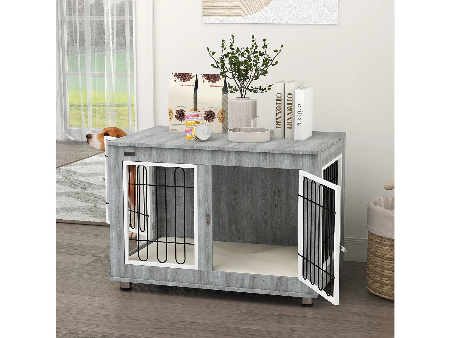 Cage pour chien à double porte avec coussin, structure solide en acier et tissu oxford, gris (90x58x65 cm)