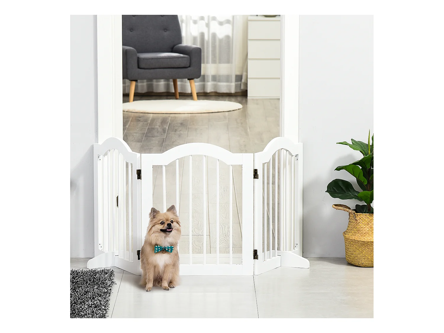 Barrière pour chien pliable, 3 panneaux, structure stable, MDF, blanc (154.5x29.5x61 cm)