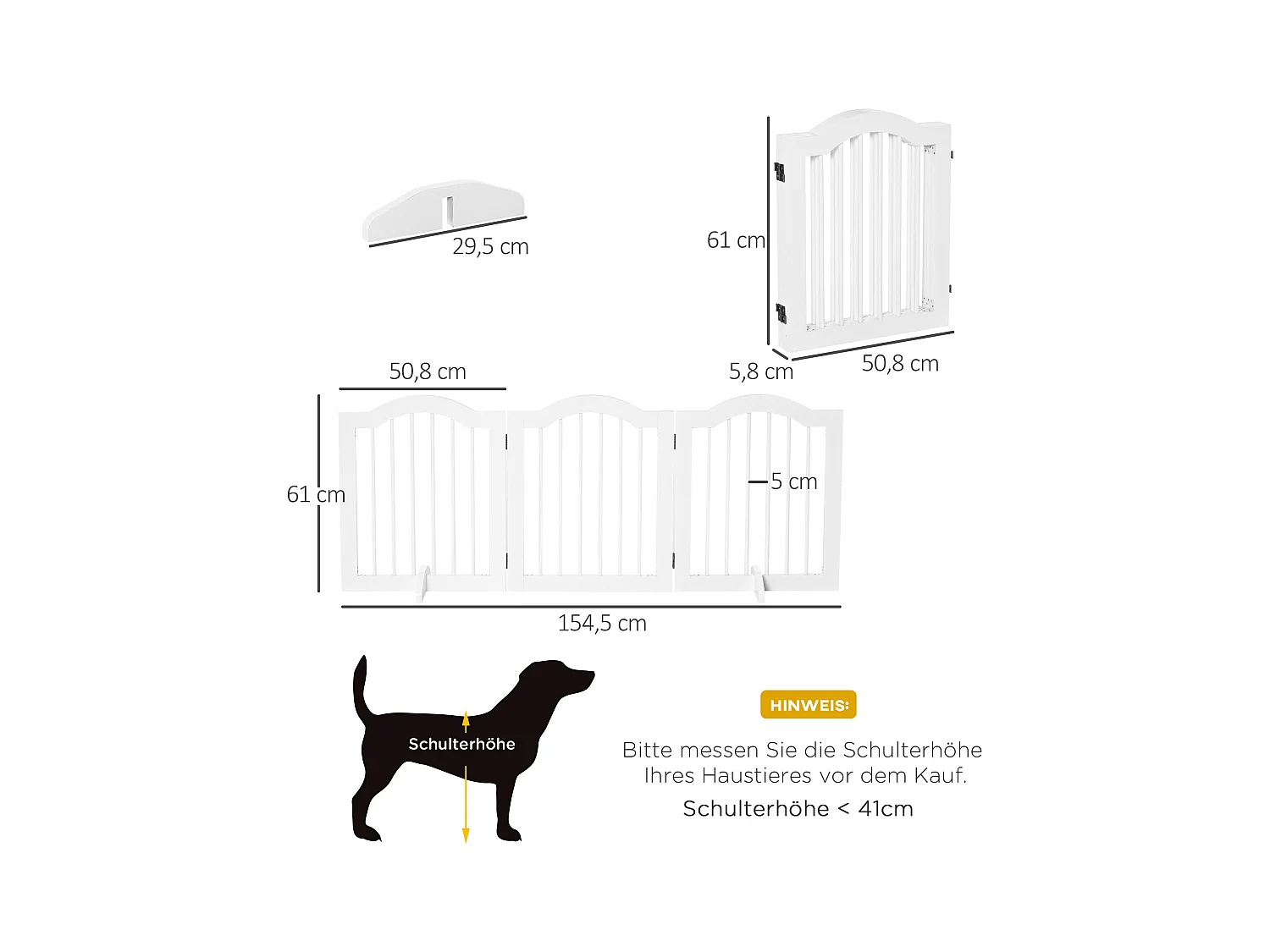 Barrière pour chien pliable, 3 panneaux, structure stable, MDF, blanc (154.5x29.5x61 cm)