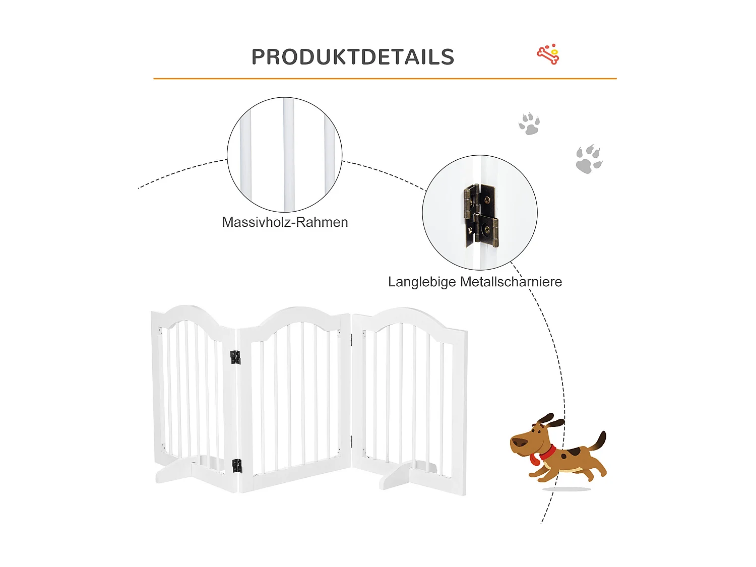 Barrière pour chien pliable, 3 panneaux, structure stable, MDF, blanc (154.5x29.5x61 cm)