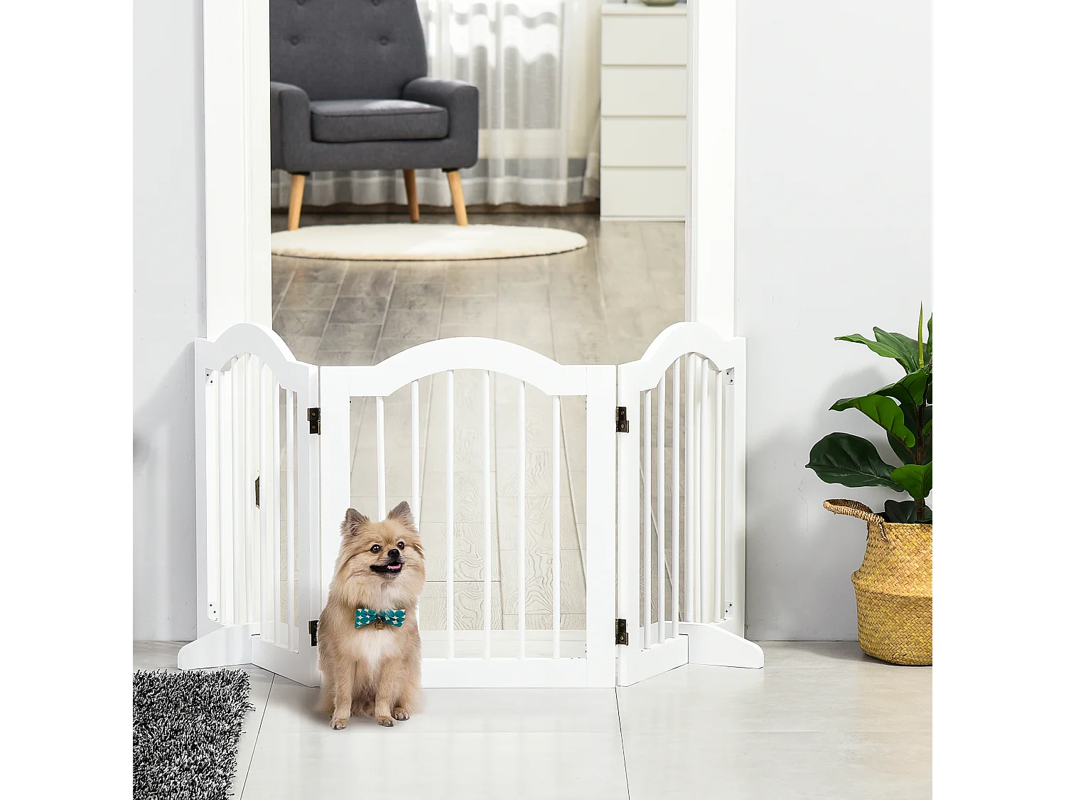 Barrière pour chien pliable, 3 panneaux, structure stable, MDF, blanc (154.5x29.5x61 cm)