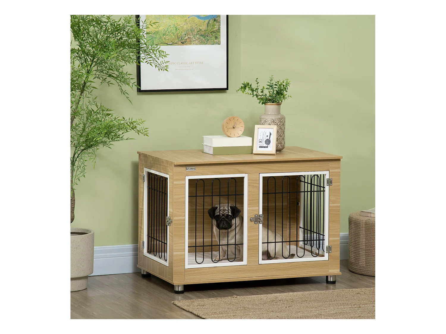 Cabane pour chien avec plateau de table, cage et maison, double portes, rembourrée, panneau de particules, chêne (90x58x65cm)