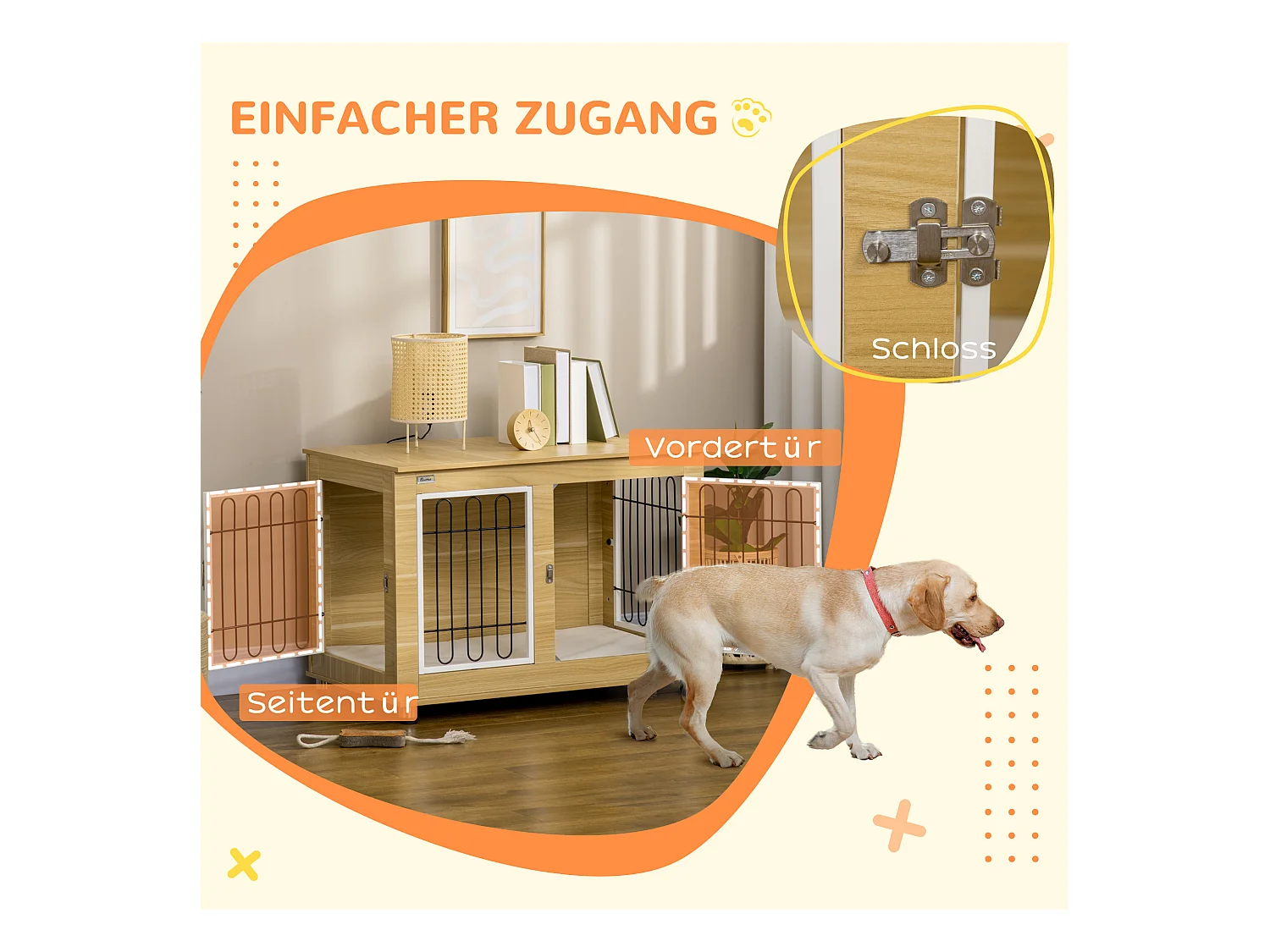 Cabane pour chien avec plateau de table, cage et maison, double portes, rembourrée, panneau de particules, chêne (90x58x65cm)