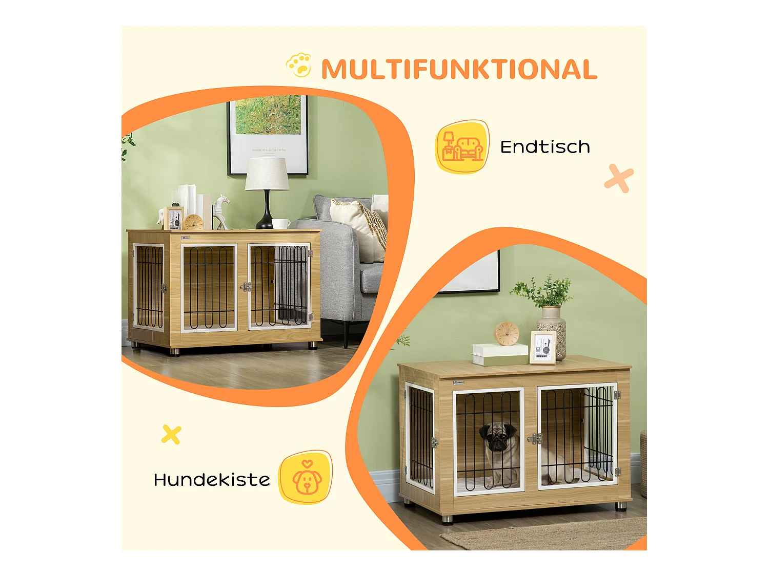 Cabane pour chien avec plateau de table, cage et maison, double portes, rembourrée, panneau de particules, chêne (90x58x65cm)