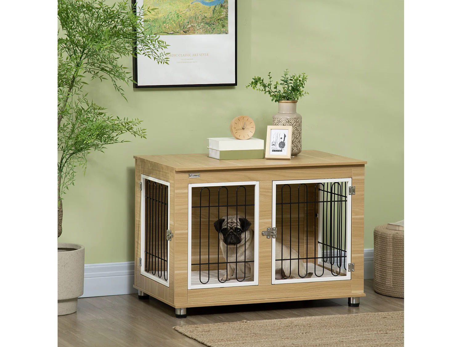 Cabane pour chien avec plateau de table, cage et maison, double portes, rembourrée, panneau de particules, chêne (90x58x65cm)