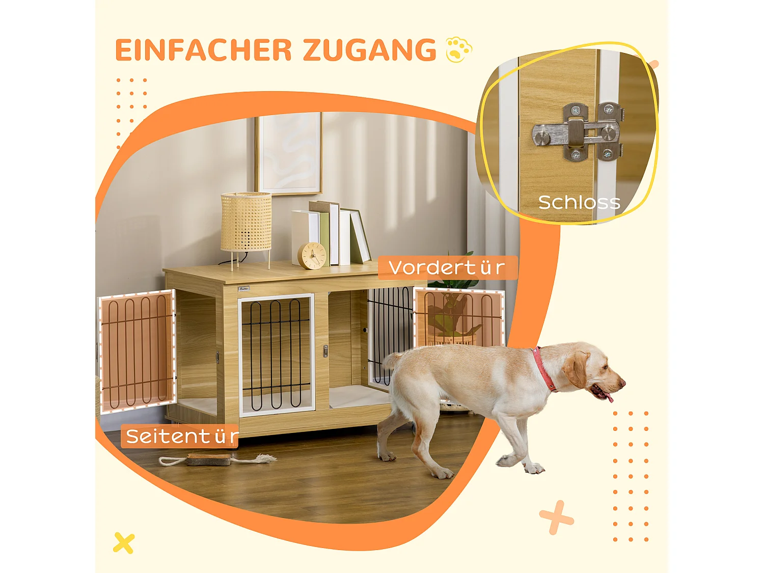 Cabane pour chien avec plateau de table, cage et maison, double portes, rembourrée, panneau de particules, chêne (90x58x65cm)