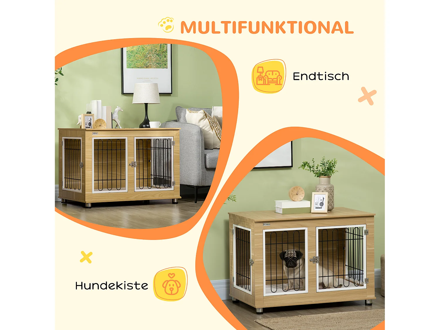 Cabane pour chien avec plateau de table, cage et maison, double portes, rembourrée, panneau de particules, chêne (90x58x65cm)