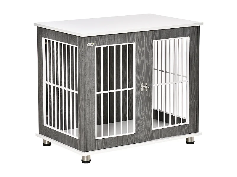 Cage de transport pour chien en bois avec plateau table et coussin, contreplaqué, gris et blanc (85x55x75cm)