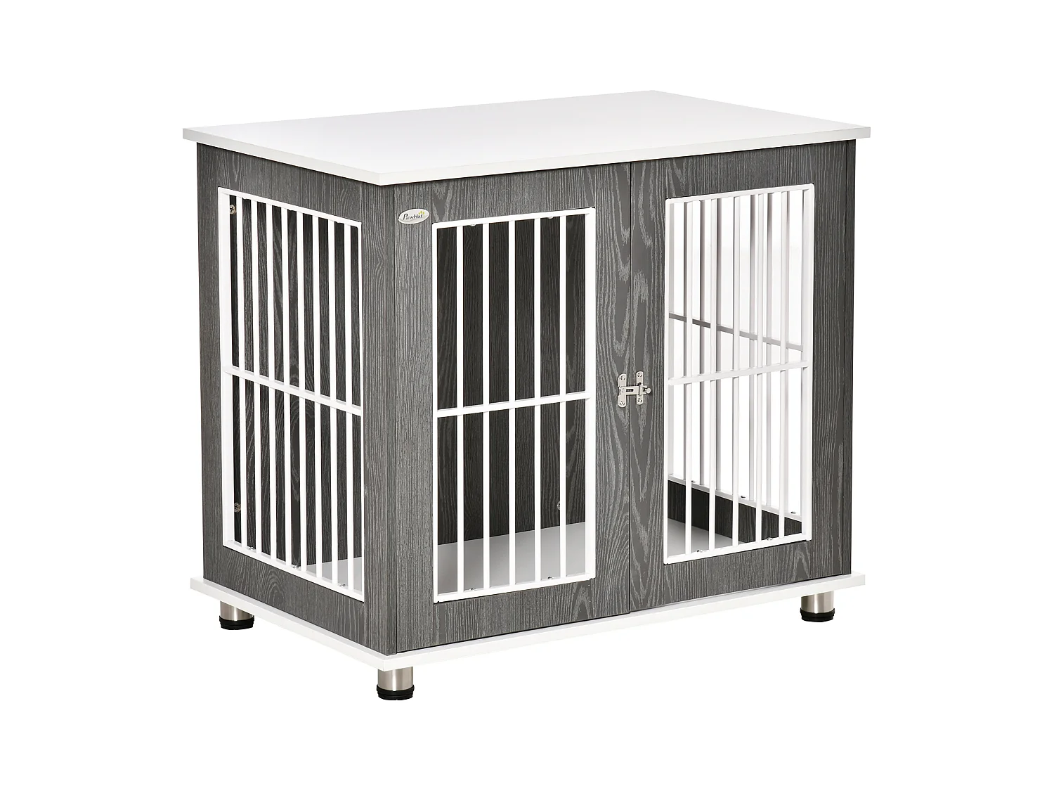 Cage de transport pour chien en bois avec plateau table et coussin, contreplaqué, gris et blanc (85x55x75cm)