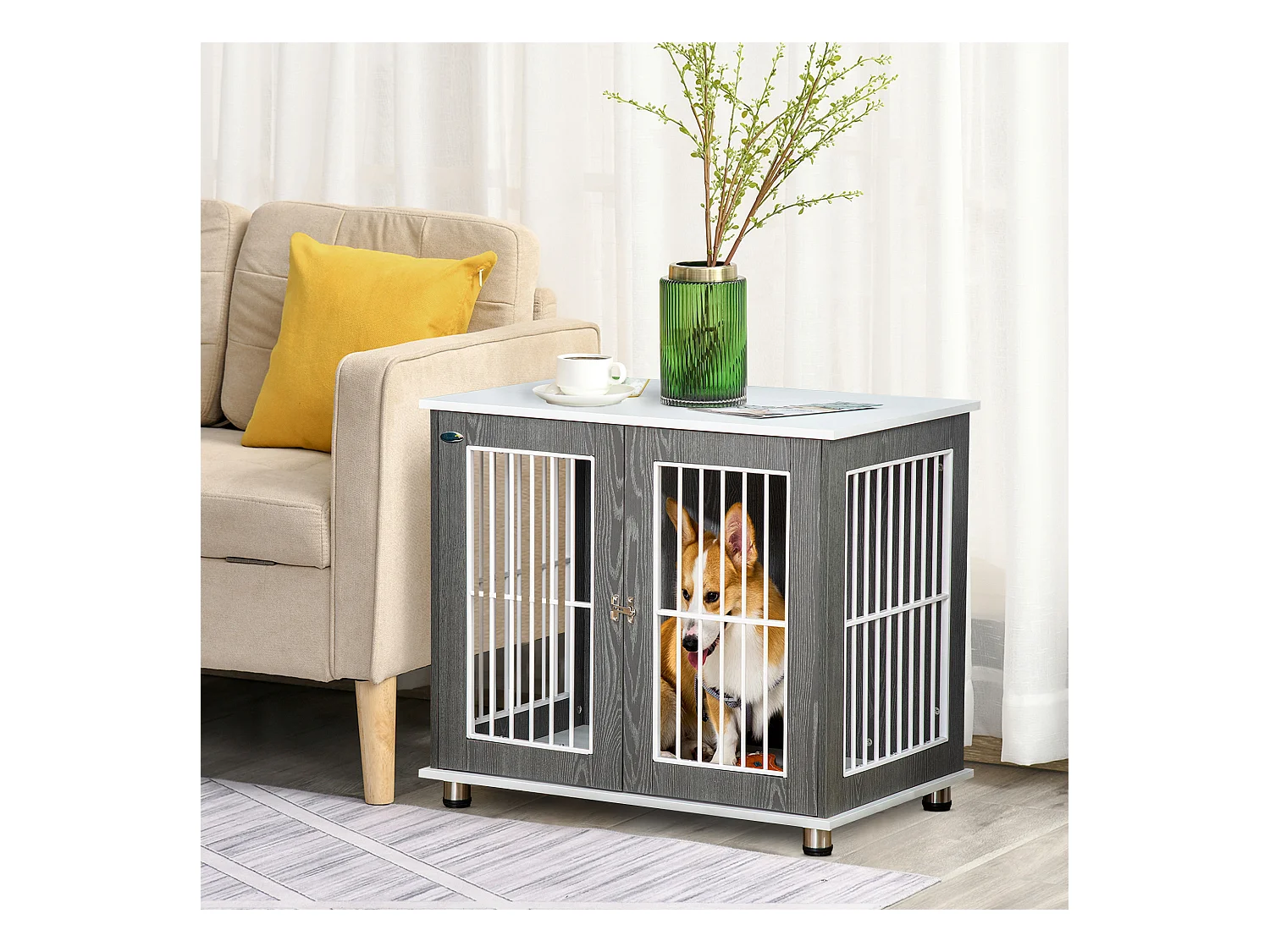Cage de transport pour chien en bois avec plateau table et coussin, contreplaqué, gris et blanc (85x55x75cm)