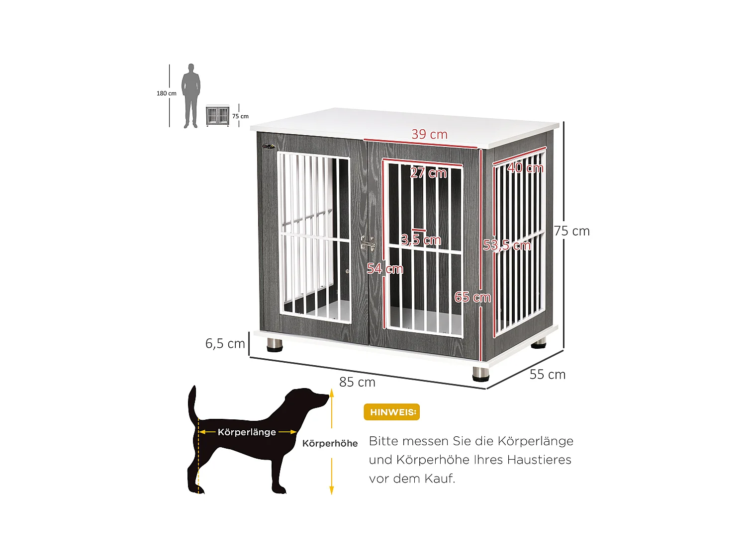 Cage de transport pour chien en bois avec plateau table et coussin, contreplaqué, gris et blanc (85x55x75cm)