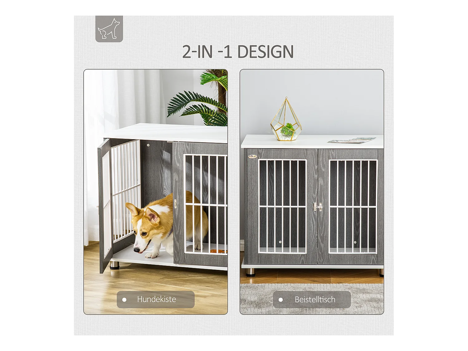 Cage de transport pour chien en bois avec plateau table et coussin, contreplaqué, gris et blanc (85x55x75cm)
