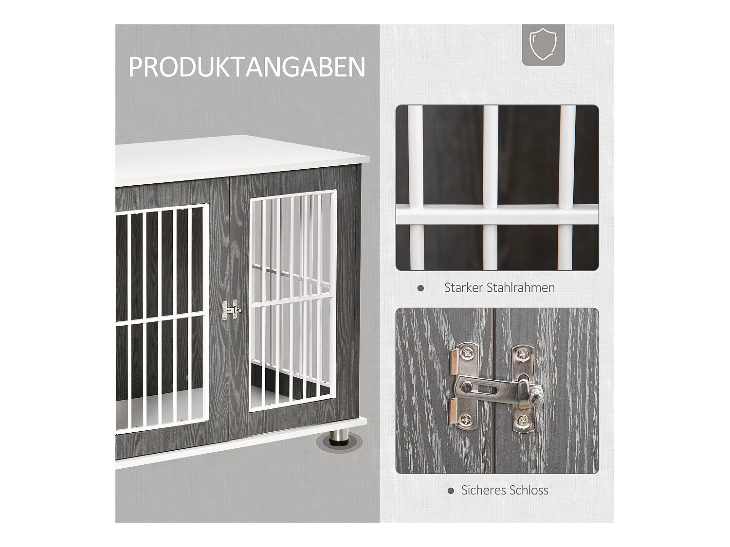 Cage de transport pour chien en bois avec plateau table et coussin, contreplaqué, gris et blanc (85x55x75cm)