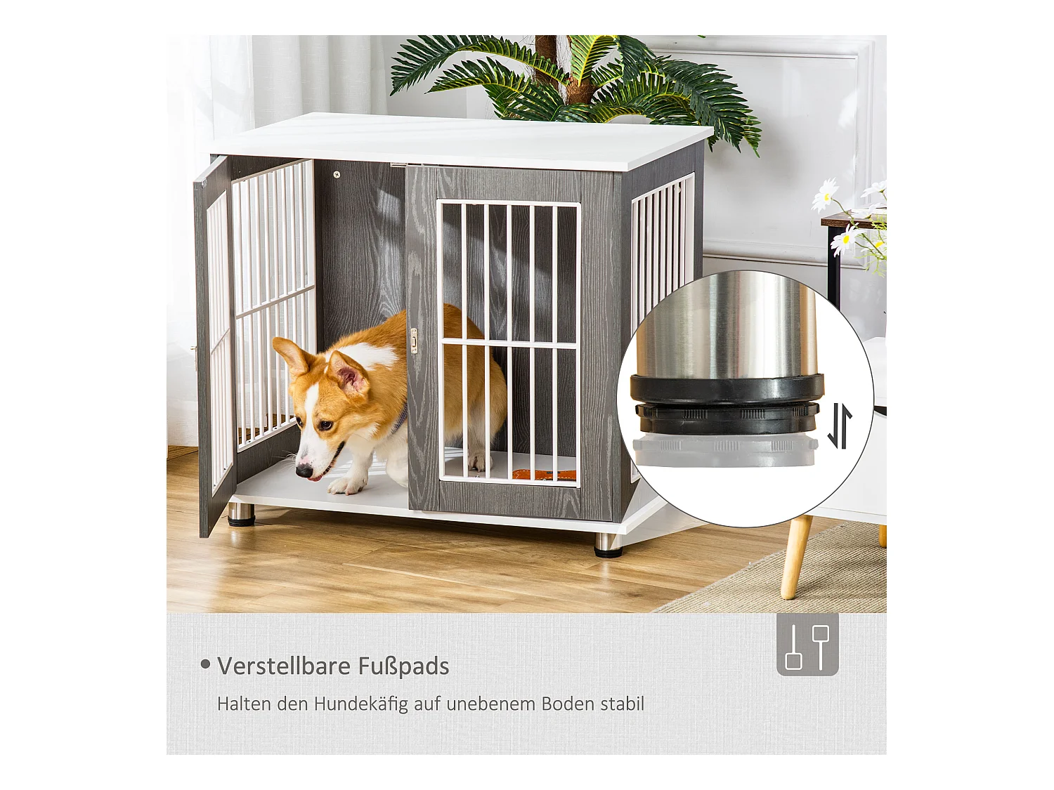 Cage de transport pour chien en bois avec plateau table et coussin, contreplaqué, gris et blanc (85x55x75cm)