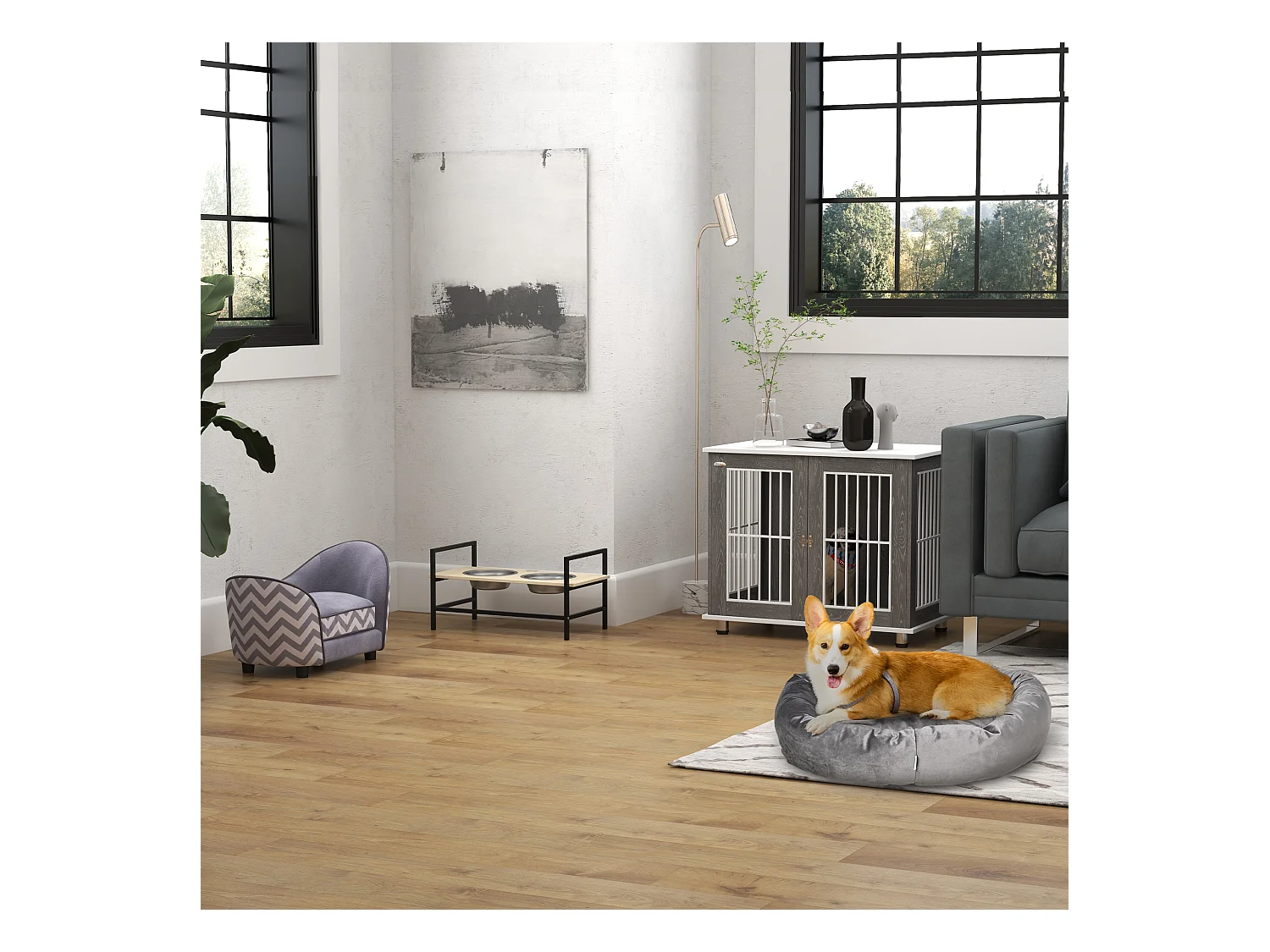 Cage de transport pour chien en bois avec plateau table et coussin, contreplaqué, gris et blanc (85x55x75cm)