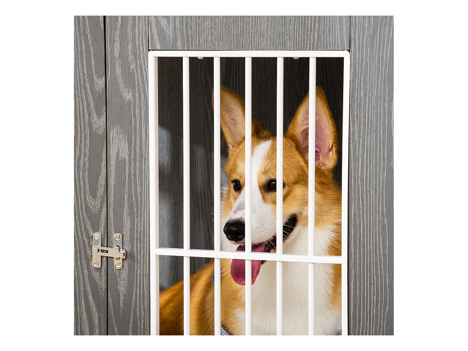 Cage de transport pour chien en bois avec plateau table et coussin, contreplaqué, gris et blanc (85x55x75cm)