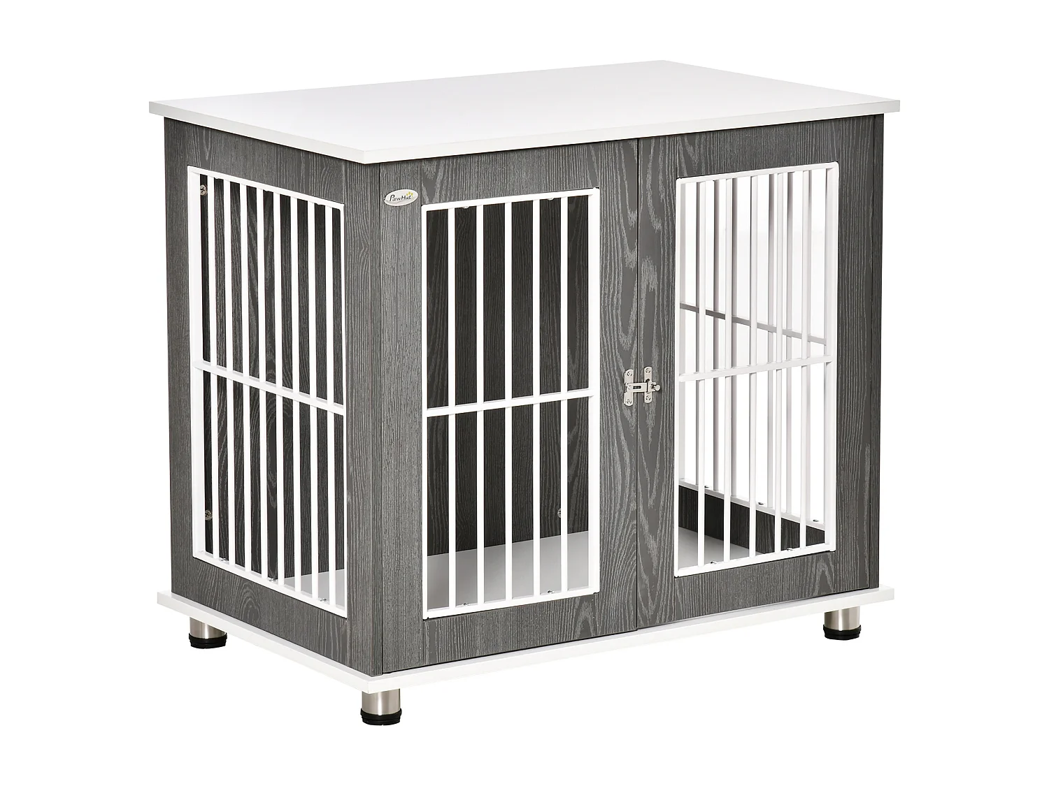 Cage de transport pour chien en bois avec plateau table et coussin, contreplaqué, gris et blanc (85x55x75cm)