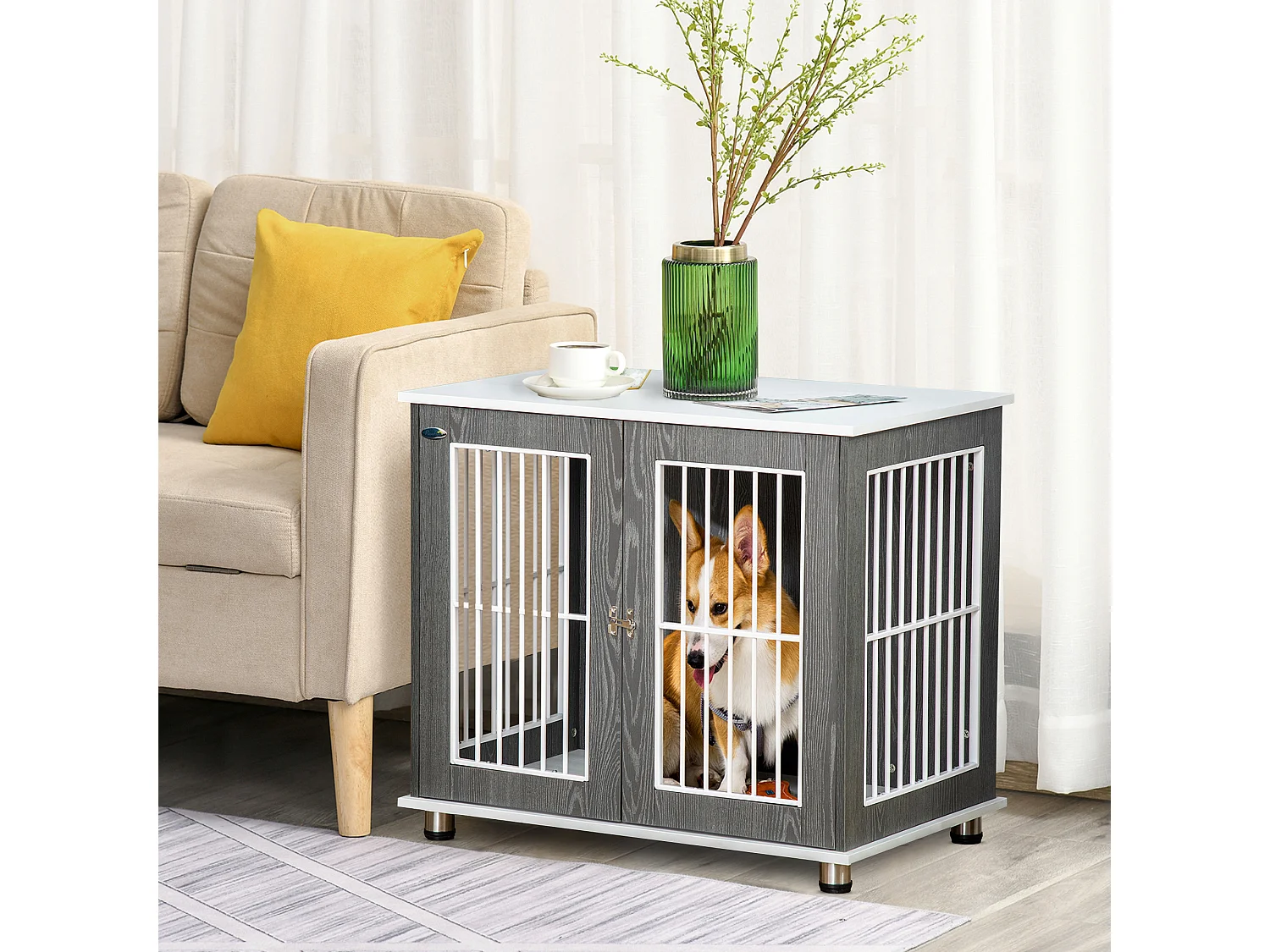 Cage de transport pour chien en bois avec plateau table et coussin, contreplaqué, gris et blanc (85x55x75cm)