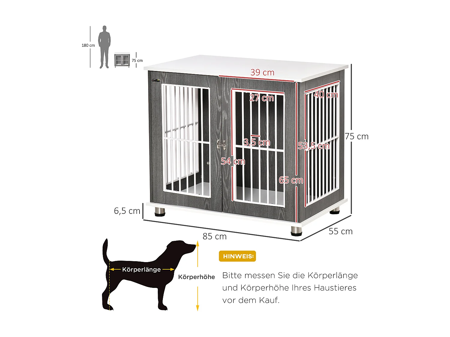 Cage de transport pour chien en bois avec plateau table et coussin, contreplaqué, gris et blanc (85x55x75cm)